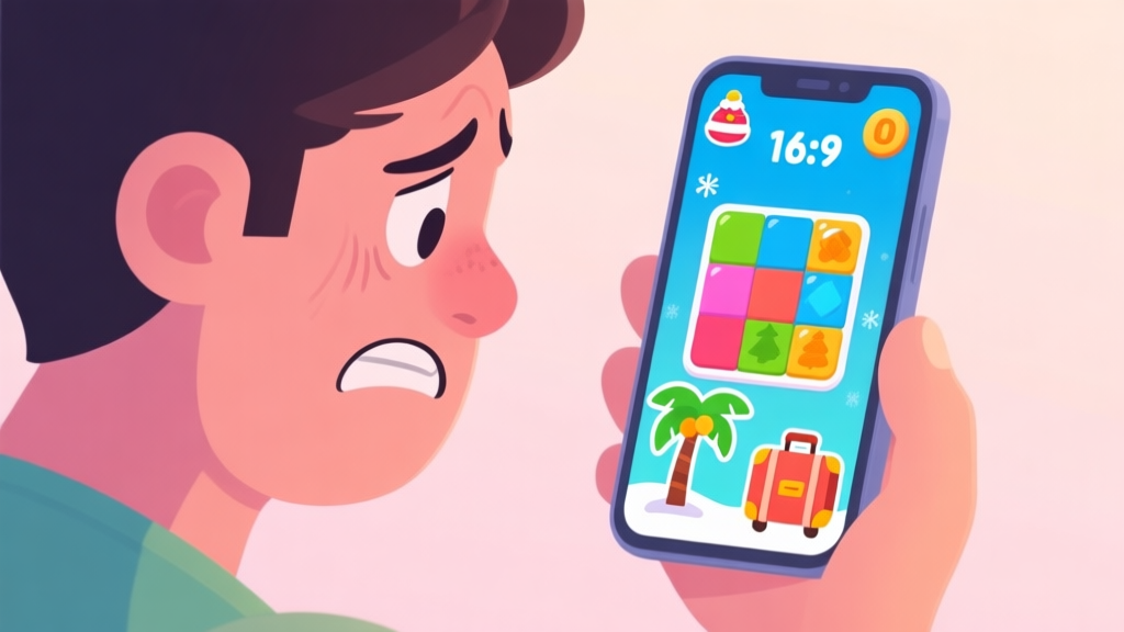 A frustrated person looking at a smartphone screen showing a colorful word puzzle game with holiday-themed icons like a palm tree and a suitcase, soft pastel background high quality illustration, detailed, 16:9