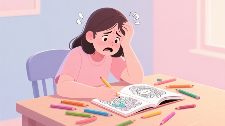 自动生成图片: A frustrated person sitting at a table with a coloring book open, surrounded by scattered colored pencils, looking confused, in a soft pastel color palette high quality illustration, detailed, 16:9
