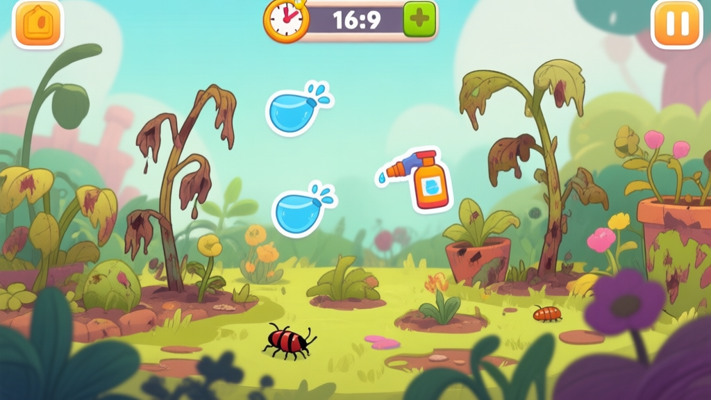 A vibrant, slightly chaotic mobile game screenshot showing a garden with various distressed plants (wilted, bug-infested), floating icons for water and pesticide, and a ticking timer at the top, cartoon style with soft colors high quality illustration, detailed, 16:9