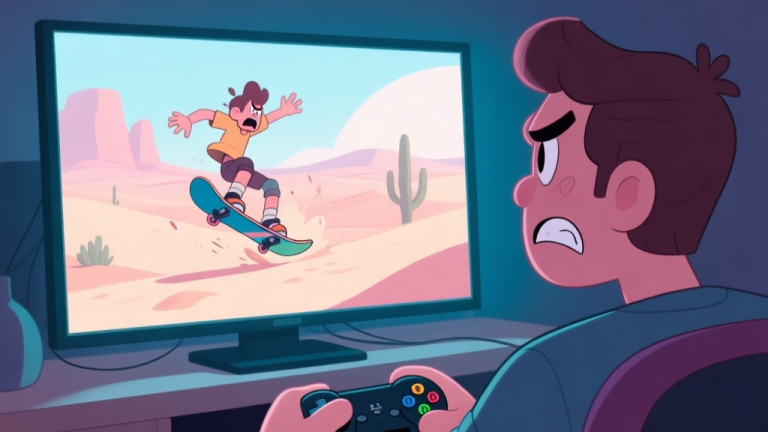 自动生成图片: A frustrated gamer looking at a screen showing a character falling from a sandboard in a desert landscape, soft pastel colors, cartoon illustration style high quality illustration, detailed, 16:9