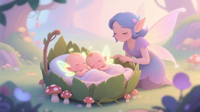 自动生成图片: A cozy, magical game scene in soft pastel colors, showing two glowing baby pixies sleeping in a tiny cradle made of leaves and mushrooms, with a larger adult pixie looking on lovingly. The style is soft, illustrative, and heartwarming. high quality illustration, detailed, 16:9