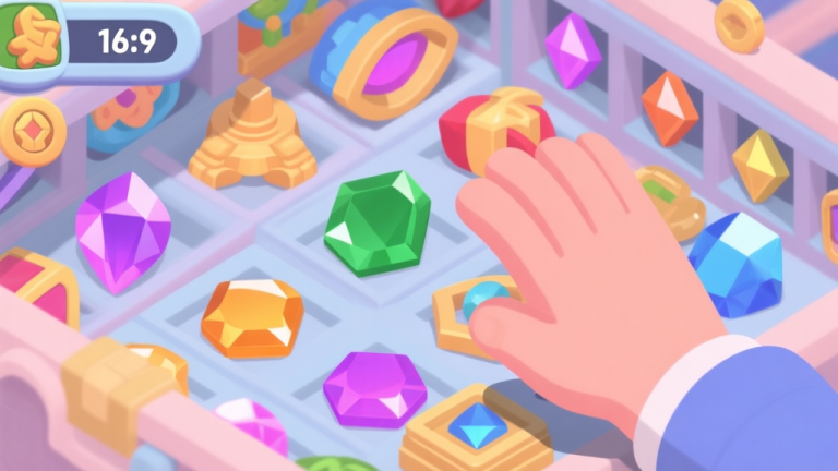 自动生成图片: A cluttered game inventory screen with various colorful items and gems, a confused hand hovering over them, soft pastel color palette, isometric view high quality illustration, detailed, 16:9