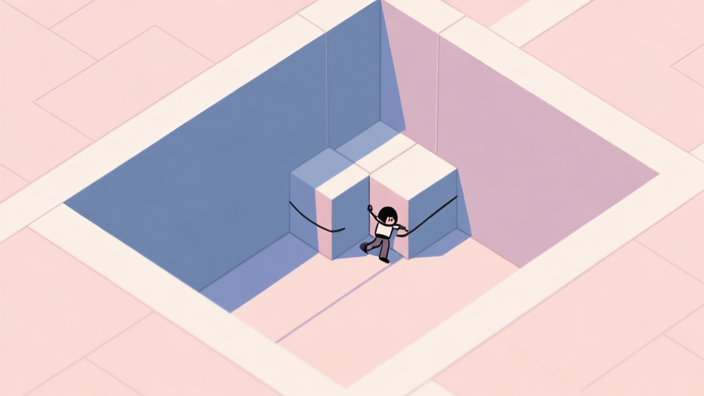 A top-down view of a minimalist puzzle game level with a character stuck between two blocks in a corner, soft pastel color palette, clean lines, conveying a feeling of being trapped high quality illustration, detailed, 16:9