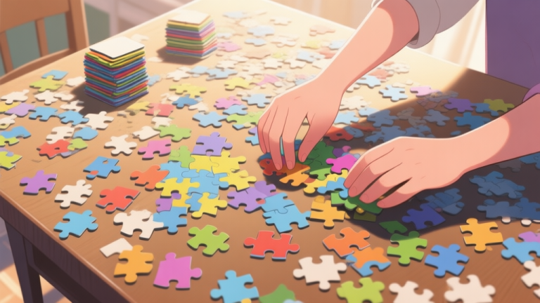 自动生成图片: A top-down view of a chaotic table covered with hundreds of jigsaw puzzle pieces, with a pair of hands starting to sort them into colorful piles, soft natural lighting, cozy atmosphere high quality illustration, detailed, 16:9