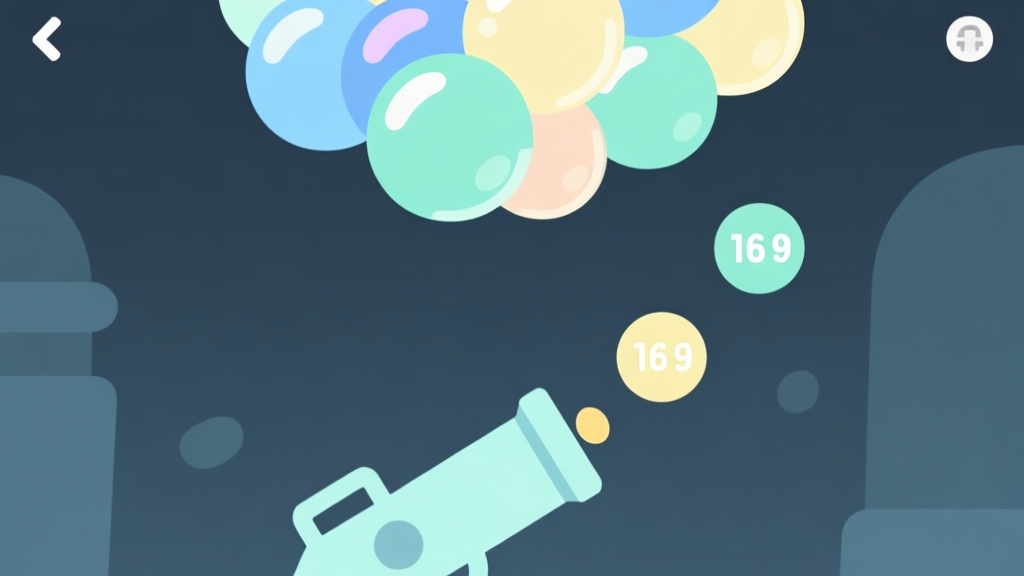 A minimalist illustration of a bubble shooter game interface, showing a cluster of colored bubbles at the top, a cannon at the bottom, and score multipliers popping up in soft pastel colors like light blue, mint green, and pale yellow high quality illustration, detailed, 16:9
