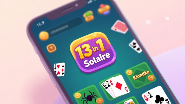 自动生成图片: A smartphone screen showing a colorful game app icon titled '13 in 1 Solitaire', with small preview thumbnails of different card game layouts like Klondike and Spider around it, on a soft pastel background high quality illustration, detailed, 16:9