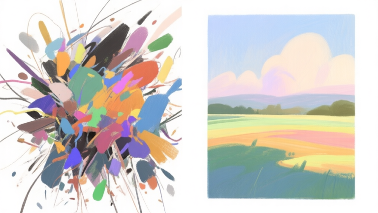 自动生成图片: A side-by-side comparison illustration for digital painting. Left side shows a messy, chaotic canvas with clashing colors and unclear shapes. Right side shows an organized, harmonious painting with a clear focal point and balanced palette. Soft, illustrative style. high quality illustration, detailed, 16:9