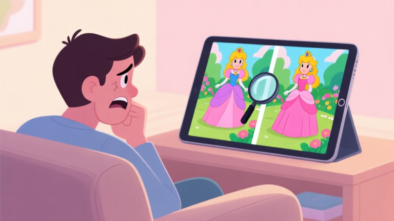 自动生成图片: A split-screen illustration showing a frustrated player on a couch staring at a tablet displaying two nearly identical colorful cartoon scenes of a princess in a garden, with a magnifying glass hovering over subtle differences, in a soft pastel color palette high quality illustration, detailed, 16:9