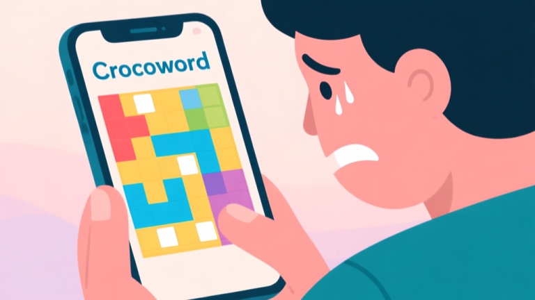 自动生成图片: A frustrated person looking at a smartphone screen showing a colorful Crocword puzzle grid with a few empty squares, soft pastel background, flat illustration style high quality illustration, detailed, 16:9