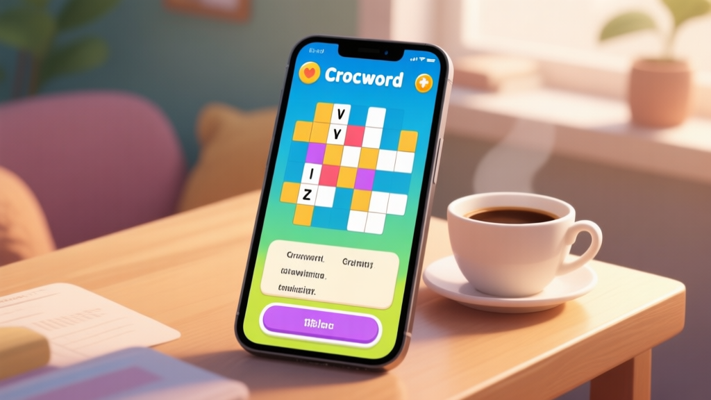 A smartphone screen showing a colorful and inviting crossword puzzle game interface (Crocword style), with some simple words already filled in, placed on a cozy desk next to a cup of coffee, soft natural lighting high quality illustration, detailed, 16:9
