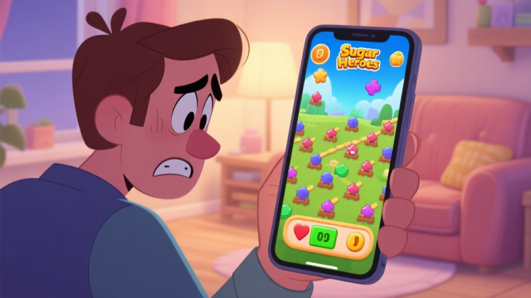 自动生成图片: A frustrated player looking at a smartphone screen showing a difficult Sugar Heroes level with many blockers and a nearly empty move counter, in a cozy home setting, soft lighting, cartoonish illustration style high quality illustration, detailed, 16:9