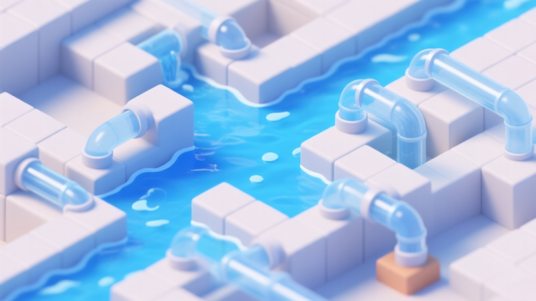 自动生成图片: A 3D game scene showing a complex water puzzle with blue water flowing through transparent pipes and blocks, isometric view, soft lighting, clean and modern game design style high quality illustration, detailed, 16:9