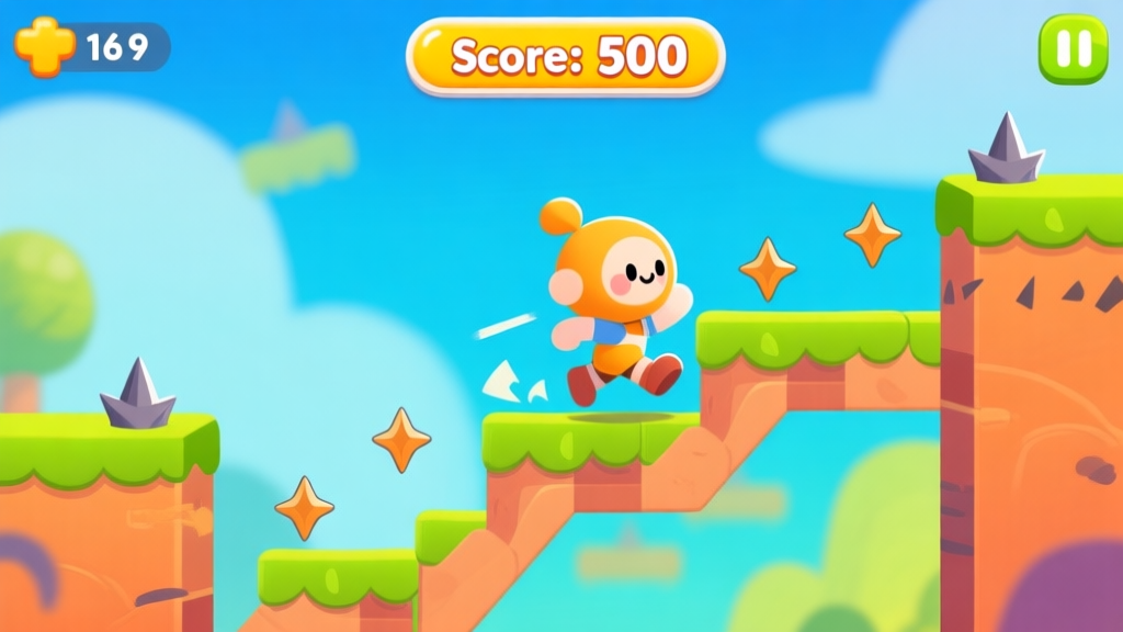 A vibrant, playful game screenshot style image showing a cute character from a side-scrolling runner game, narrowly dodging a series of simple initial obstacles like spikes and low barriers, with a bright "Score: 500" display on top, cartoonish and inviting high quality illustration, detailed, 16:9