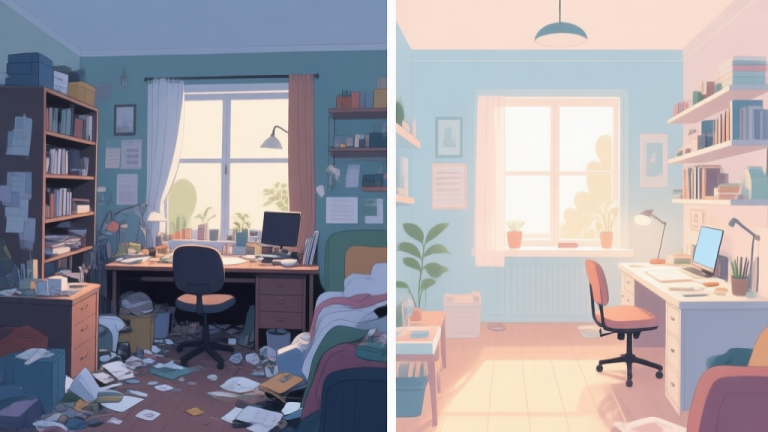 自动生成图片: A split-view illustration showing a cluttered, messy home study area on one side and a clean, organized, well-lit study space on the other, with soft natural colors and a peaceful atmosphere high quality illustration, detailed, 16:9