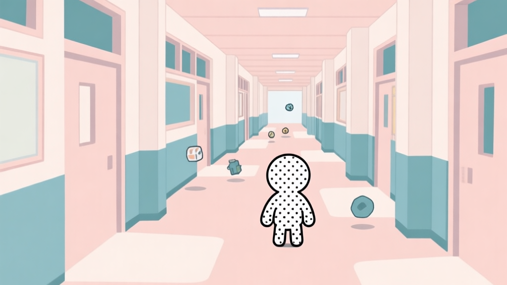A minimalist game scene showing a dotted character in a school hallway, facing multiple paths and floating obstacles, in a soft pastel color palette with clean lines high quality illustration, detailed, 16:9