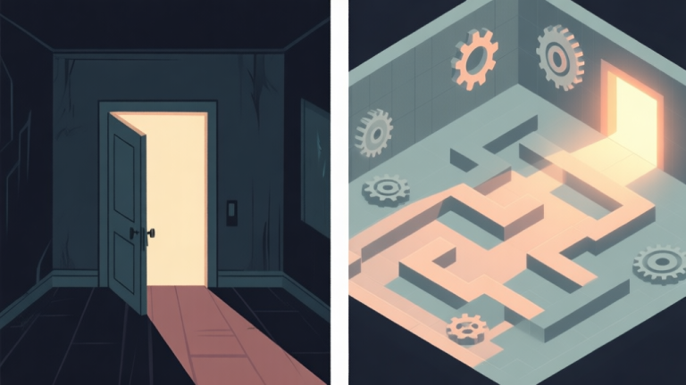 自动生成图片: A split-screen illustration showing contrasting game scenes. Left side: a stylized, tense view from inside a dark room with a door slightly ajar, light seeping through. Right side: a top-down minimalist view of a puzzle room with interconnected gears and pathways, soft glow highlighting the exit. Muted color palette with accents of warm light. high quality illustration, detailed, 16:9