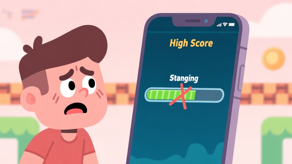 A frustrated game character from a side-scrolling runner game, looking at a stagnant high score screen on a mobile device, with a progress bar stuck in the middle, in a flat cartoon style with soft pastel colors high quality illustration, detailed, 16:9