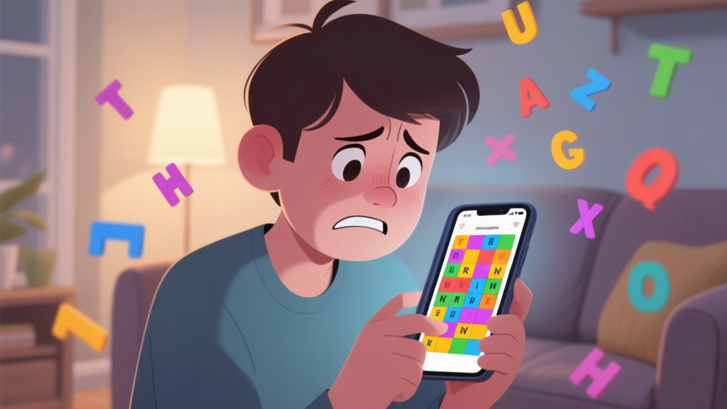 A frustrated player looking at a smartphone screen showing a colorful but unsolved word puzzle, with scattered letters floating around, in a cozy home setting, soft lighting, muted colors high quality illustration, detailed, 16:9