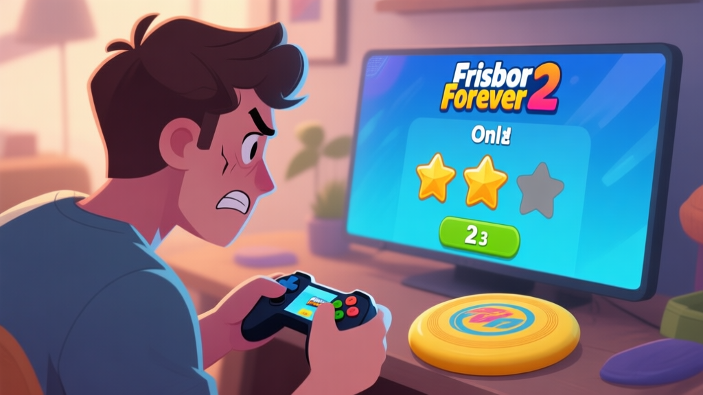 A frustrated mobile gamer looking at a Frisbee Forever 2 level result screen showing only 2 stars, with the third star greyed out, in a casual setting, soft lighting high quality illustration, detailed, 16:9