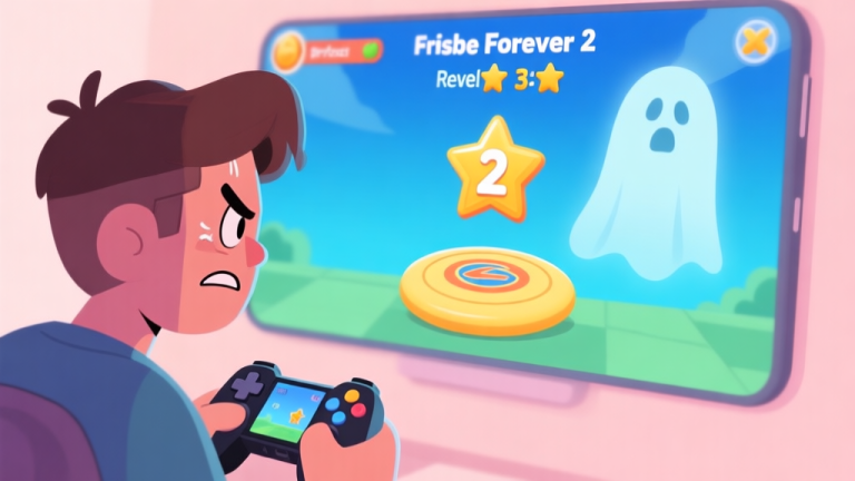 自动生成图片: A frustrated mobile gamer looking at a Frisbee Forever 2 level result screen showing 2 stars, with a faint ghostly image of a perfect 3-star score in the background, soft pastel color palette, cartoon illustration style high quality illustration, detailed, 16:9