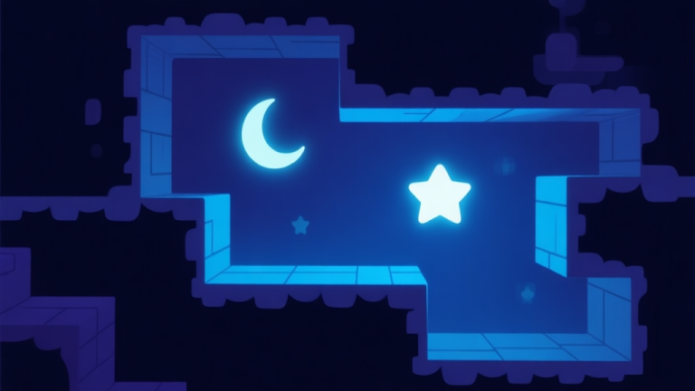 自动生成图片: A dark, atmospheric game level with soft glowing interactive elements like a star and a crescent moon, blue and indigo color scheme, minimalist puzzle game aesthetic high quality illustration, detailed, 16:9