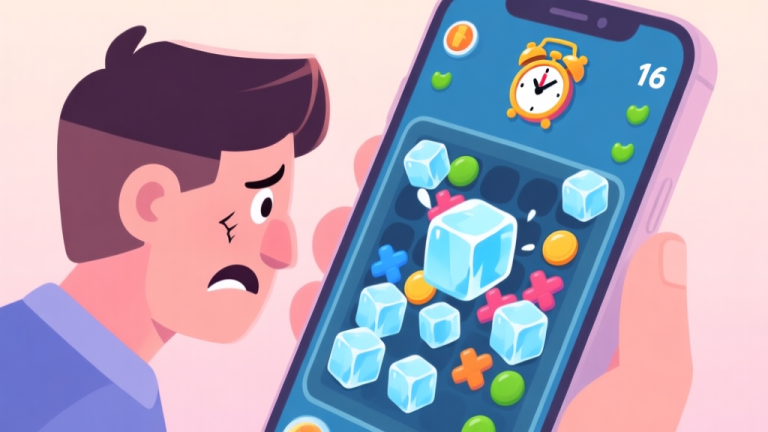 自动生成图片: A frustrated player looking at a chaotic match-3 game screen on a mobile phone, with ice blocks and a ticking clock, in a soft pastel color palette high quality illustration, detailed, 16:9