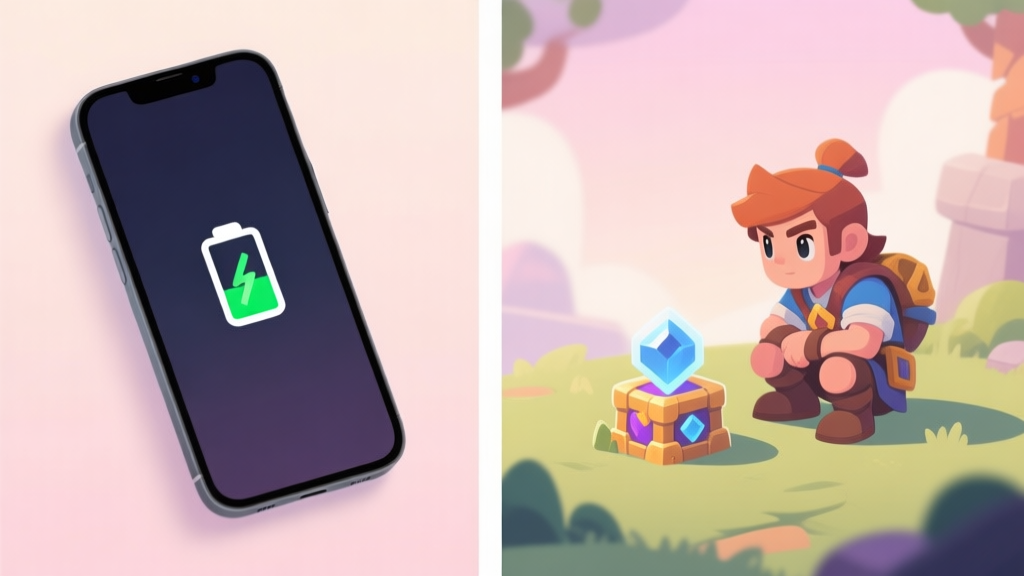 Split-screen illustration showing a smartphone with a low battery icon on one side, and a game character waiting next to a resource node on the other side, in a soft pastel color palette high quality illustration, detailed, 16:9