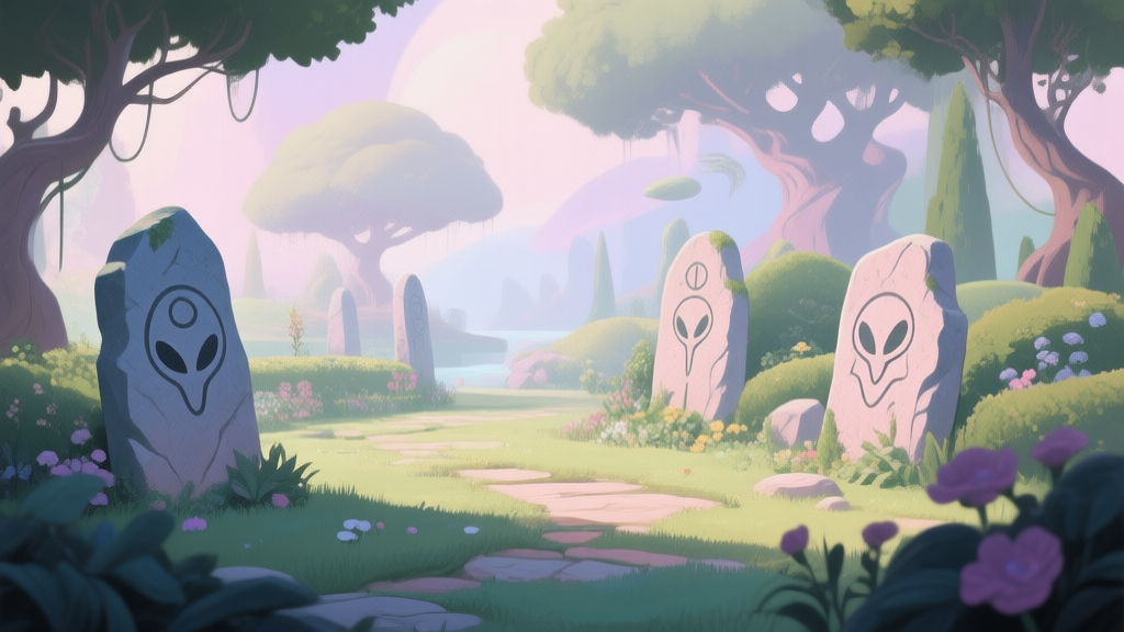 A surreal game scene blending a classic garden of Eden with subtle, mysterious alien glyphs on stone tablets, soft pastel color palette, dreamlike atmosphere high quality illustration, detailed, 16:9