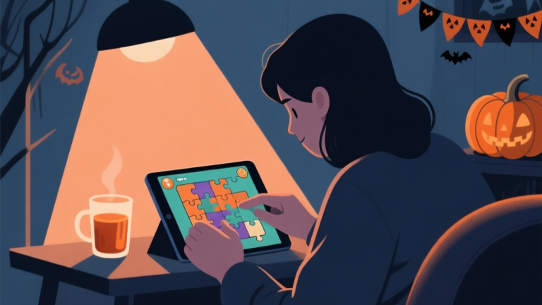 自动生成图片: Cozy yet spooky scene of a person playing a puzzle game on a tablet, with a warm drink nearby, soft lighting, and subtle Halloween decorations like a small pumpkin in the background, flat illustration style, muted orange and dark blue color scheme high quality illustration, detailed, 16:9