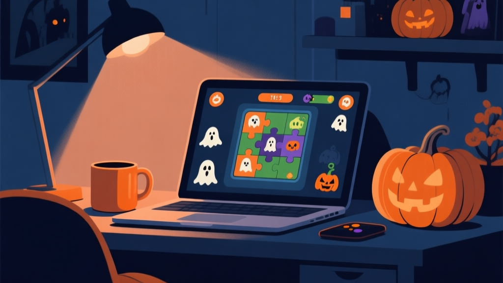 Cozy Halloween gaming setup at night, a laptop open showing a puzzle game with spooky icons, a warm mug and pumpkin decor on the desk, soft lighting, flat illustration style, muted orange and dark blue color palette high quality illustration, detailed, 16:9