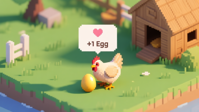 自动生成图片: A cozy, isometric pixel art scene of a small farm in a simulation game. A chicken is laying a golden egg, with a simple UI pop-up showing "+1 Egg" and a small heart icon above the chicken. Soft morning light, green pastures, and a wooden coop in the background. high quality illustration, detailed, 16:9