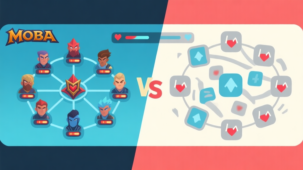 A split-screen illustration showing two contrasting MOBA team states. Left side shows a coordinated team with connecting lines and synchronized health bars, right side shows a chaotic team with disconnected icons and low health, using a soft color palette of blues and grays with subtle red accents high quality illustration, detailed, 16:9