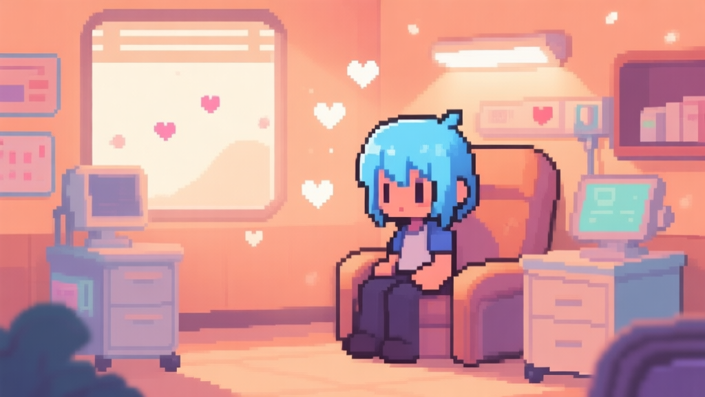 A stylized, warm-toned illustration of a pixel-art game scene showing a character with ice-blue hair sitting in a cozy clinic room, with a soft glow and subtle heart particles in the background, evoking a sense of hidden story progression high quality illustration, detailed, 16:9