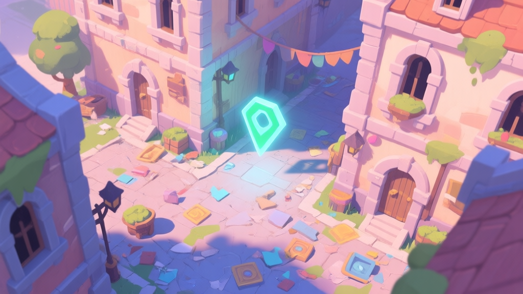 A stylized, top-down view of a vibrant but slightly messy fantasy game town square, with a glowing quest marker hovering over a hard-to-see alleyway between two buildings, soft pastel color palette high quality illustration, detailed, 16:9