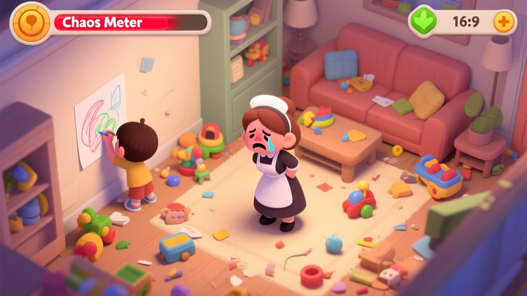 A chaotic yet charming game scene from a top-down perspective, showing a cartoon living room with toys scattered everywhere, a child drawing on the wall, another crying, and a stressed but determined babysitter character in the center. The 'Chaos Meter' on the UI is glowing red. Soft, warm color palette. high quality illustration, detailed, 16:9