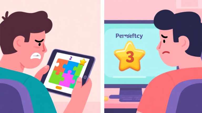 自动生成图片: A frustrated gamer looking at a tablet showing a colorful jigsaw puzzle game with a 2-star rating, contrasted with a calm, satisfied gamer looking at a perfect 3-star rating screen, in a flat illustration style with soft pastel colors high quality illustration, detailed, 16:9