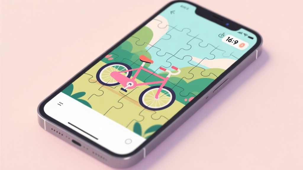 A top-down view of a smartphone screen showing a colorful, half-completed jigsaw puzzle of a bicycle against a nature background, with a timer counting down in the corner, soft pastel colors, clean illustration high quality illustration, detailed, 16:9