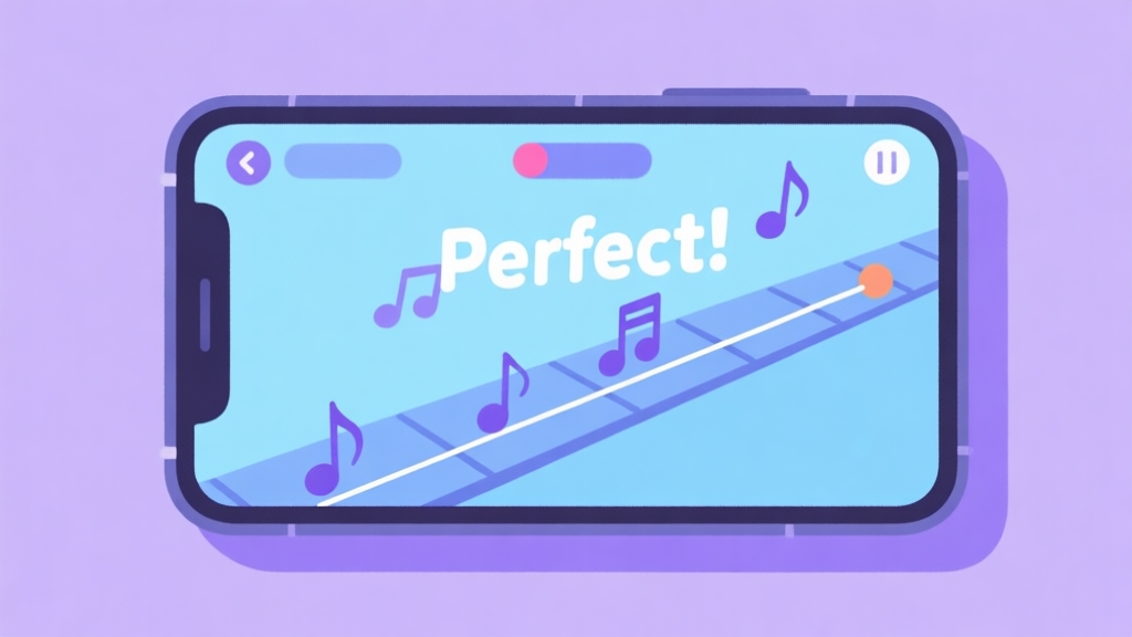 A stylized, clean illustration of a smartphone screen showing a rhythm game interface. Notes are falling on a track towards a hit line, with a "Perfect" text popping up. Soft blue and purple color scheme, minimalist flat design high quality illustration, detailed, 16:9