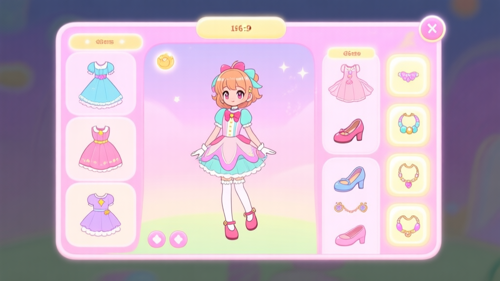 A cheerful, pastel-colored game interface of a magical girl dress-up game, showing a character customization screen with various clothing categories like dresses, shoes, and accessories neatly organized in sidebars, soft glowing icons high quality illustration, detailed, 16:9