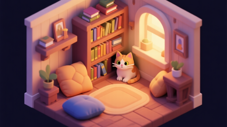 自动生成图片: A cozy, softly lit game scene in a detailed isometric room, with a single hidden cat cleverly camouflaged among books and cushions, inviting the player to search, warm color palette high quality illustration, detailed, 16:9