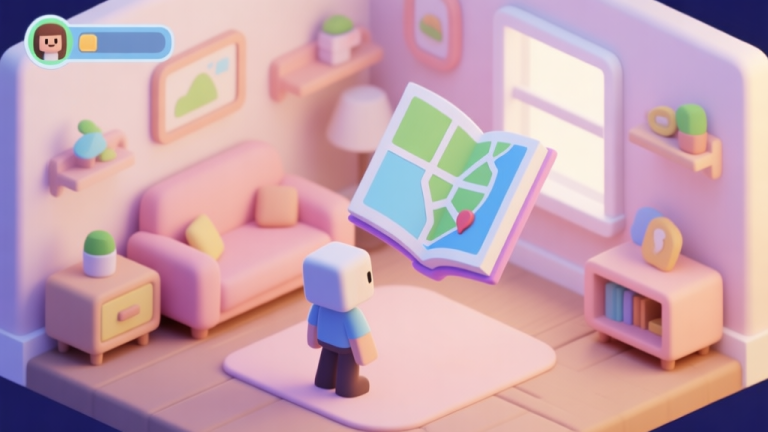 自动生成图片: A welcoming, cozy virtual room in a social game, with a simple avatar looking at a floating map or guidebook, soft pastel colors, isometric view high quality illustration, detailed, 16:9