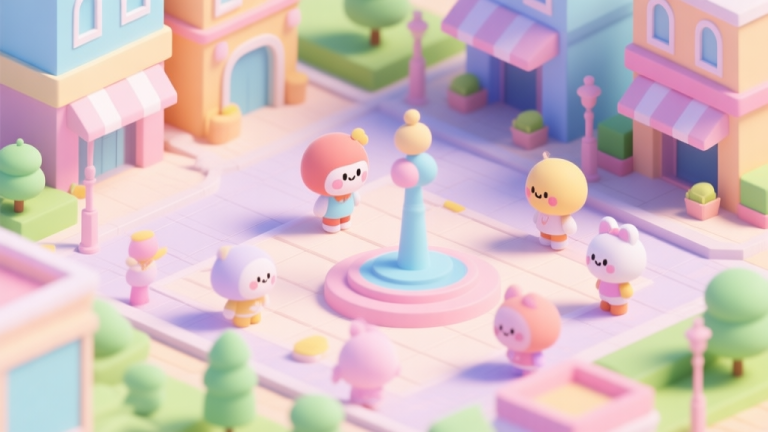 自动生成图片: A welcoming, isometric view of a vibrant and colorful virtual plaza with cute avatar characters, soft pastel color palette, friendly and inviting atmosphere high quality illustration, detailed, 16:9