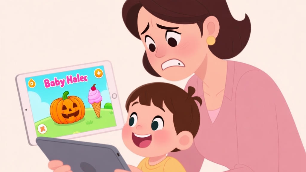A frustrated parent and a happy child looking at a tablet screen showing the Baby Hazel Pumpkin Ice Cream game scene, soft pastel colors, cartoon style, clean background high quality illustration, detailed, 16:9
