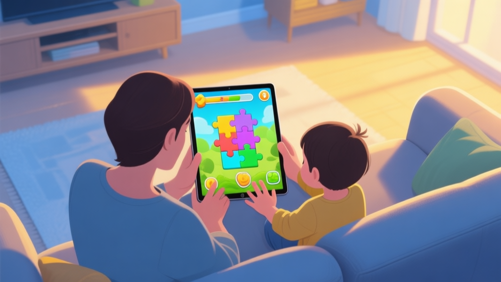A cozy, softly lit living room scene from a high-angle view. A tablet showing a vibrant, colorful puzzle game interface is placed between an adult's and a child's hands on a sofa. The color palette is warm and gentle, with soft blues, yellows, and greens dominating the game screen and room ambiance. high quality illustration, detailed, 16:9