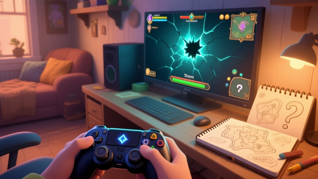 A cozy, inviting game room scene from a first-person perspective, with a controller on a desk, a monitor showing a paused fantasy game with a suspicious glowing crack on a wall, and a notebook filled with hand-drawn maps and question marks, soft warm lighting high quality illustration, detailed, 16:9