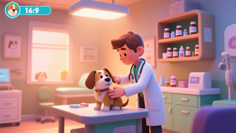 自动生成图片: A cozy, softly lit virtual pet clinic interior in a game, with a player character in a doctor's coat gently examining a cartoon dog on a table, shelves with medicine bottles in the background, warm and inviting color palette high quality illustration, detailed, 16:9
