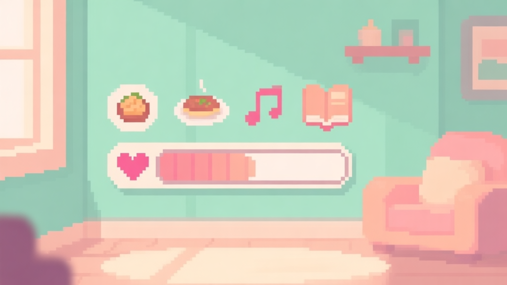 A warm, softly lit pixel art scene of a cozy room. A progress bar with a heart icon is partially filled, sitting beside simple icons of food, music notes, and a book. Pastel color palette of mint green, peach, and cream. high quality illustration, detailed, 16:9