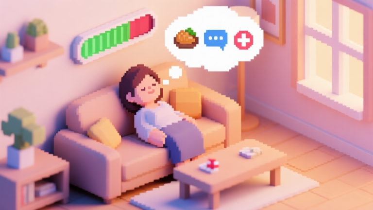 自动生成图片: A warm, cozy pixel art scene of a virtual living room. A mother character rests on a sofa with a visible health bar above her, partially filled. A thought bubble shows icons of food, conversation, and medicine. Soft pastel color palette, isometric view high quality illustration, detailed, 16:9