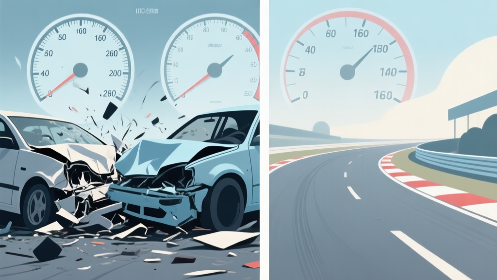 Split-screen illustration showing a chaotic car crash on one side and a smooth, controlled racing line on the other, with speedometer gauges in the background, soft color palette with muted blues and greys high quality illustration, detailed, 16:9