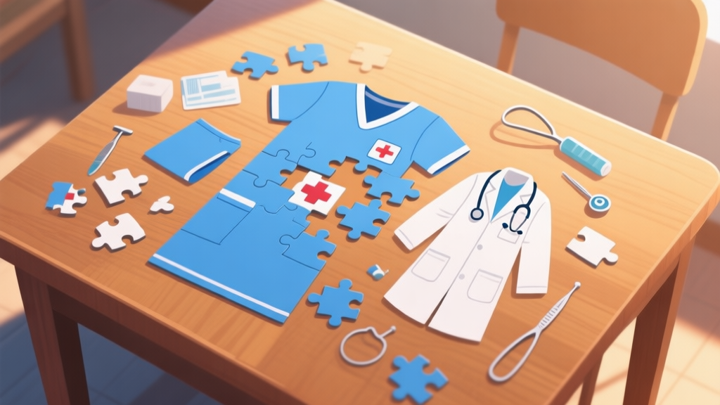 A top-down view of a partially completed medical-themed jigsaw puzzle on a wooden table, showing a mix of blue scrubs, white lab coats, and medical instrument pieces, with soft natural lighting and a warm, focused atmosphere high quality illustration, detailed, 16:9